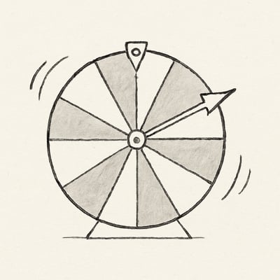 Roda minimalista em monocromia com seta simples e traços de movimento, simbolizando aleatoriedade como procedimento percebido justo.