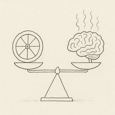 Ruota minimalista in equilibrio su bilancia di fronte a un cervello; senso di equità e leggerezza che riduce il peso mentale nelle scelte di gruppo.