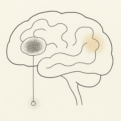 Monochrome lijntekening van een brein met twee verbonden zones; de ene rauw-gevoelig, de andere warm-verzorgend, verbeeldt empathie versus compassie.