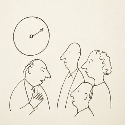 Monochrome schets van drie teamleden rond een eenvoudig rad; een korte hart-op-hand oefening illustreert compassie en eerlijke beurtverdeling.