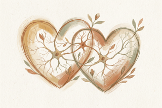 Monochrome lijntekening van twee overlappende harten, verbonden door dunne neurale draden; beeldt empathische teamverbinding en groei uit.
