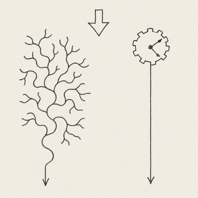 Monochrome schets met kronkelig keuze-pad en recht pad met klein rad; beeldt keuze-overload versus cognitieve ontlasting en eerlijke selectie uit.