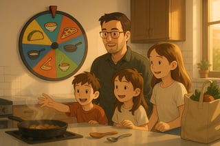 A family in a warm kitchen reacts as a background spinner wheel with food icons helps decide their weeknight dinner fairly and fast.