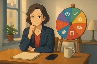 Une personne évalue l’urgence d’une tâche; une roue colorée en arrière-plan propose des options de décision pour clarifier l’action à entreprendre.