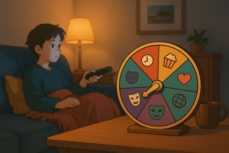 Person on a sofa at night deciding what to watch while a colorful spinner wheel sits nearby, guiding a quick Netflix choice.