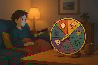 Person on a sofa at night deciding what to watch while a colorful spinner wheel sits nearby, guiding a quick Netflix choice.