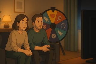 Zwei Personen auf dem Sofa im warmen Abendlicht vor dem Fernseher; ein farbiges Glücksrad mit Genre-Icons steht deutlich im Hintergrund.