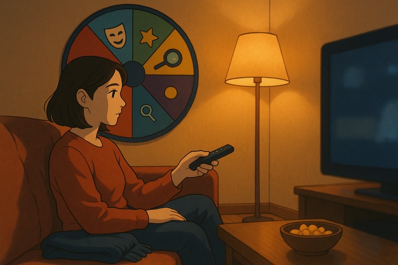 Persona sul divano decide cosa guardare; in salotto una ruota colorata sullo sfondo, luce serale calda, scelta immediata.