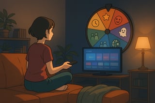 Une personne sur un canapé hésite devant un écran de streaming, tandis qu’une roue colorée de décision occupe une grande part de l’arrière-plan.