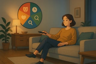 Vrouw op bank in Nederlandse woonkamer kijkt naar tv terwijl een kleurrijk keuzerad op de achtergrond zichtbaar is, klaar om snel te kiezen.