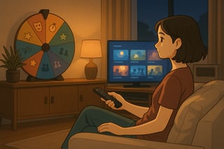 Australian living room at dusk with a TV glow and a colourful spinner wheel on a sideboard, suggesting a quick, fair way to choose what to watch.