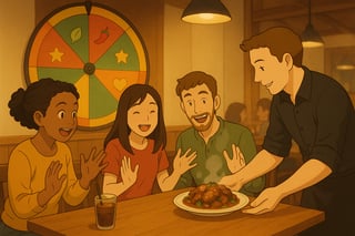 Friends at a cozy restaurant react as a shared dish is revealed while a colorful spinner wheel glows in the background to guide ordering.