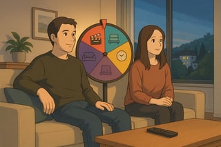 Ein Paar waehlt auf dem Sofa einen Film; im Hintergrund steht ein farbiges Zufallsrad mit Icons und bedeckt etwa ein Drittel der Bildflaeche.