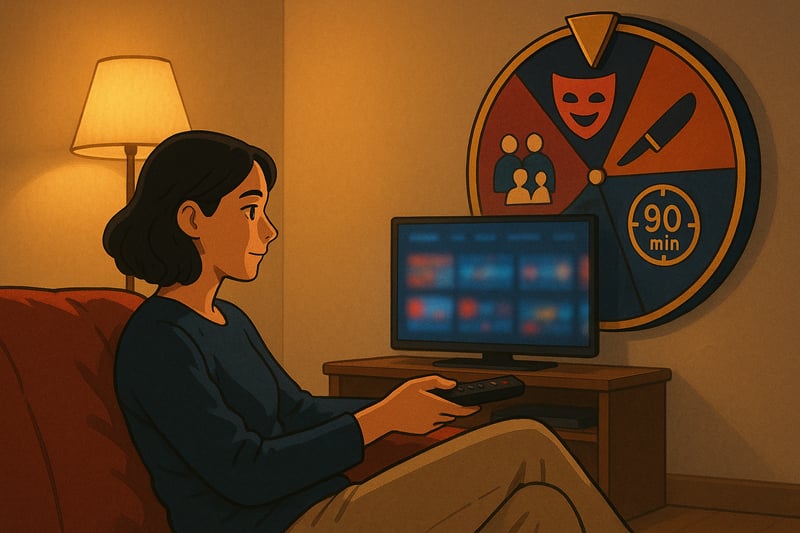 Joven en salon mira la TV con una ruleta de colores al fondo que ayuda a decidir rapido que ver y evita el scroll interminable.