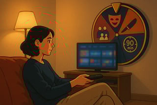 Joven en salon mira la TV con una ruleta de colores al fondo que ayuda a decidir rapido que ver y evita el scroll interminable.
