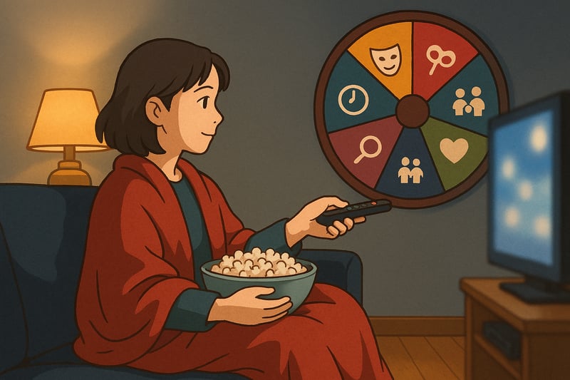 Pessoa no sofá a apontar o comando para a TV, com uma roda colorida de escolhas visível ao fundo, pronta para decidir o que ver.