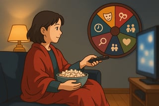 Pessoa no sofá a apontar o comando para a TV, com uma roda colorida de escolhas visível ao fundo, pronta para decidir o que ver.