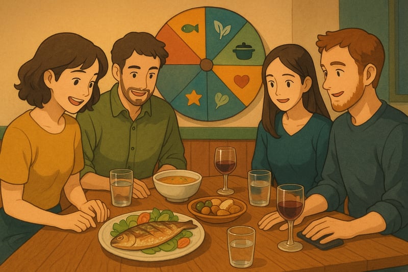 Grupo de amigos num restaurante português decide o pedido com uma roda giratória colorida ao fundo e pratos típicos a chegar à mesa.