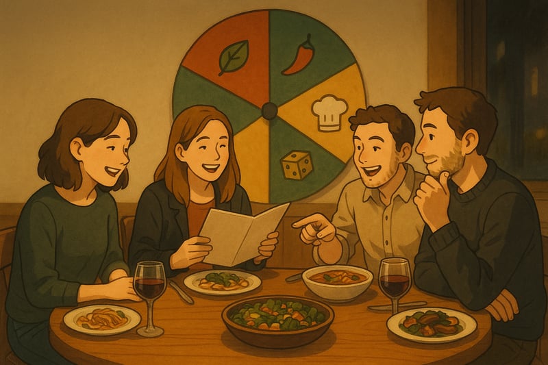 Vier vrienden in een Nederlands restaurant kiezen hun diner terwijl een kleurrijk keuzerad met eeticonen op de achtergrond zichtbaar is.