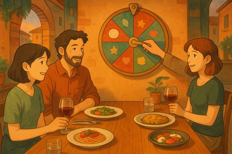 Gruppo a tavola in trattoria moderna con ruota decisionale colorata sullo sfondo mentre scelgono cosa ordinare seguendo 15 strategie di menu.