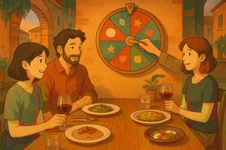 Gruppo a tavola in trattoria moderna con ruota decisionale colorata sullo sfondo mentre scelgono cosa ordinare seguendo 15 strategie di menu.