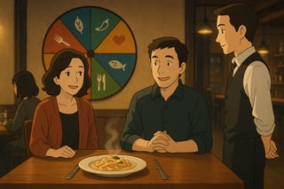 Deux convives en brasserie hésitent sur un plat tandis qu’une roue colorée au mur propose des choix culinaires variés pour guider la décision.