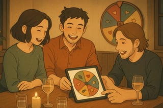 Drei Freundinnen und Freunde am Restauranttisch prüfen ein Tablet mit Entscheidungsrad; ein buntes Glücksrad hängt dezent im Hintergrund an der Wand.