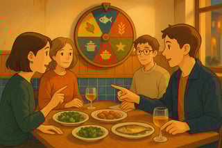 Amigos en un bistró español eligen su pedido; una ruleta de colores con iconos culinarios al fondo crea ambiente lúdico y sereno.