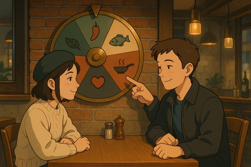 Zwei Personen entscheiden im Zürcher Bistro mit einem farbigen Spinner Wheel im Hintergrund schneller, was sie essen möchten.