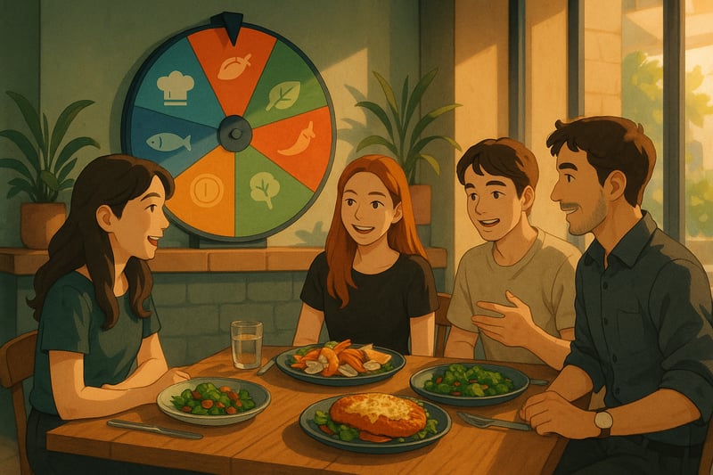 Friends at an Australian bistro decide what to order while a colourful spinner wheel in the background guides 15 dining choices.