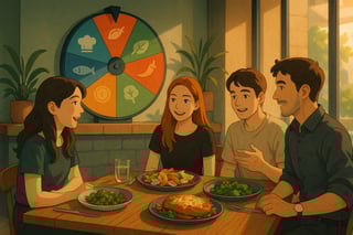 Friends at an Australian bistro decide what to order while a colourful spinner wheel in the background guides 15 dining choices.