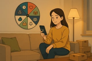 Person in Schweizer Wohnung mit Smartphone, Entscheidungsrad im Hintergrund und Warenkorb-Szene, bereit fuer klare Kaufentscheidung.