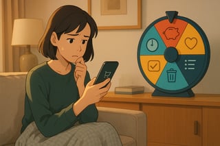 A shopper pauses over an online cart on her phone while a colorful spinner wheel with icons sits nearby, suggesting decisive purchase prompts.