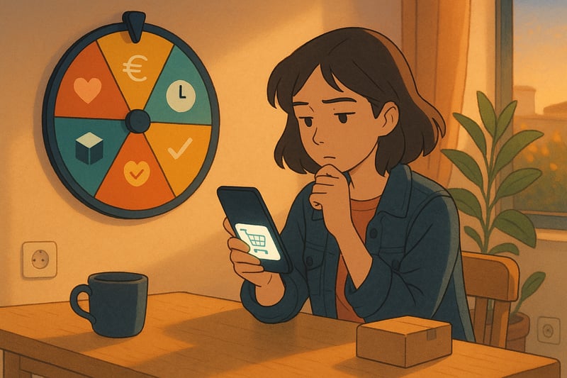 Consumidora española duda ante su carrito online; una ruleta multicolor de decisiones al fondo sugiere filtros de tiempo, presupuesto y emoción.