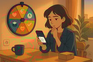 Consumidora española duda ante su carrito online; una ruleta multicolor de decisiones al fondo sugiere filtros de tiempo, presupuesto y emoción.