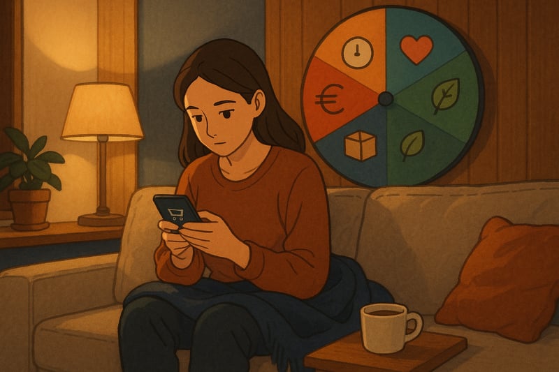 Donna in salotto guarda il carrello sullo smartphone mentre una ruota colorata sullo sfondo suggerisce scelte rapide, consapevoli e sostenibili.