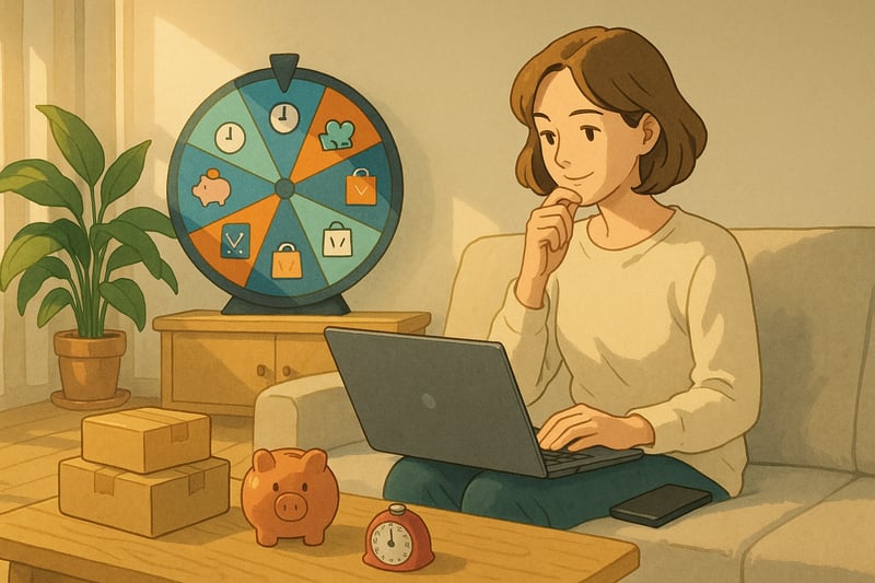 Persoon beslist over online winkelwagen in Nederlandse woonkamer met subtiele spinner en visuele hints voor budget, tijd en emotie.