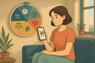 Pessoa analisa carrinho de compras no telemóvel enquanto roda de decisões colorida ao fundo sugere próximo passo para concluir a compra.