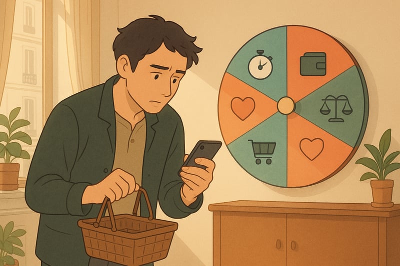 Utilisateur français dans un salon contemporain hésitant devant un achat sur smartphone, avec roue de décision colorée en arrière-plan.