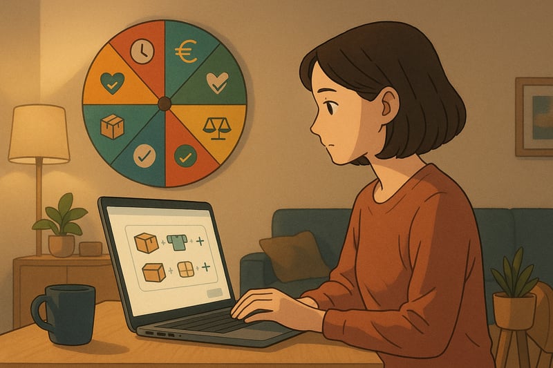 Käuferin betrachtet einen vollen Online-Warenkorb; im Hintergrund unterstützt ein farbiges Entscheidungsrad als Hilfe für eine schnelle, bewusste Kaufentscheidung.