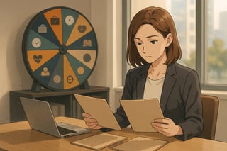 Professional compares two job offers while a colorful spinner wheel sits in the background, hinting at a fair tie-break and gut-check step.