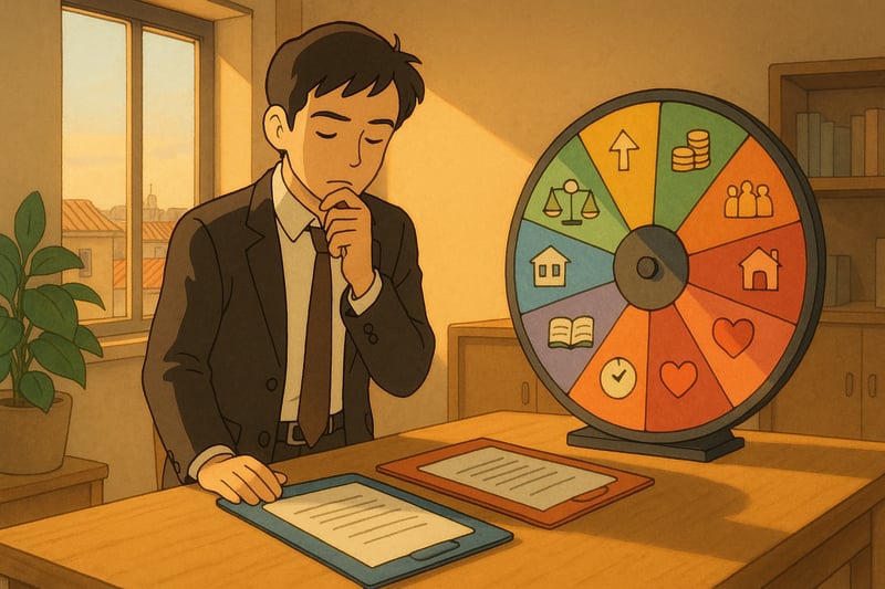 Professionista riflette su due offerte di lavoro mentre una ruota decisionale colorata compare sullo sfondo in un ufficio moderno italiano.