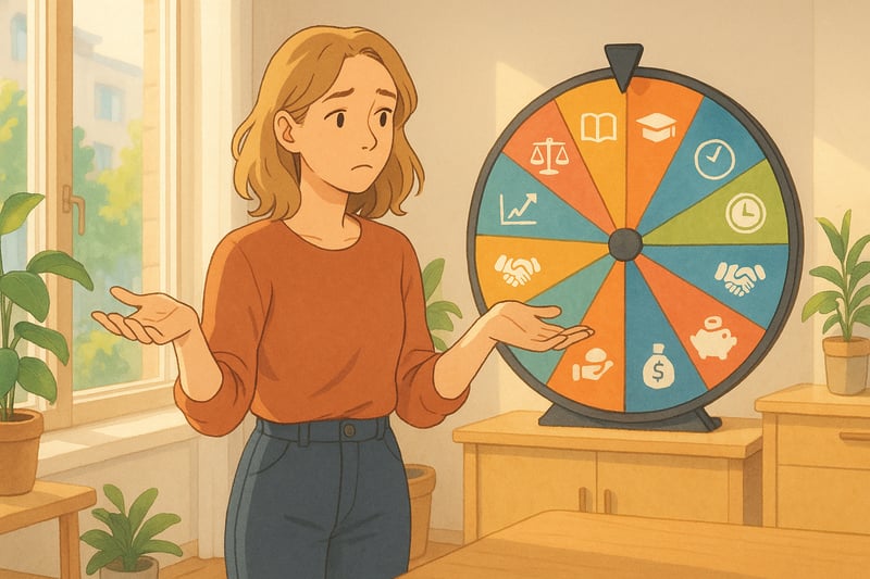 Professionele twintiger weegt baanopties in een licht Nederlands interieur met een kleurrijk spinnerwiel dat twaalf carrierecriteria visualiseert.