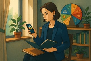 Jeune professionnelle évalue deux offres avec une roue colorée en arrière-plan, combinant réflexion méthodique et déclencheur ludique pour décider.