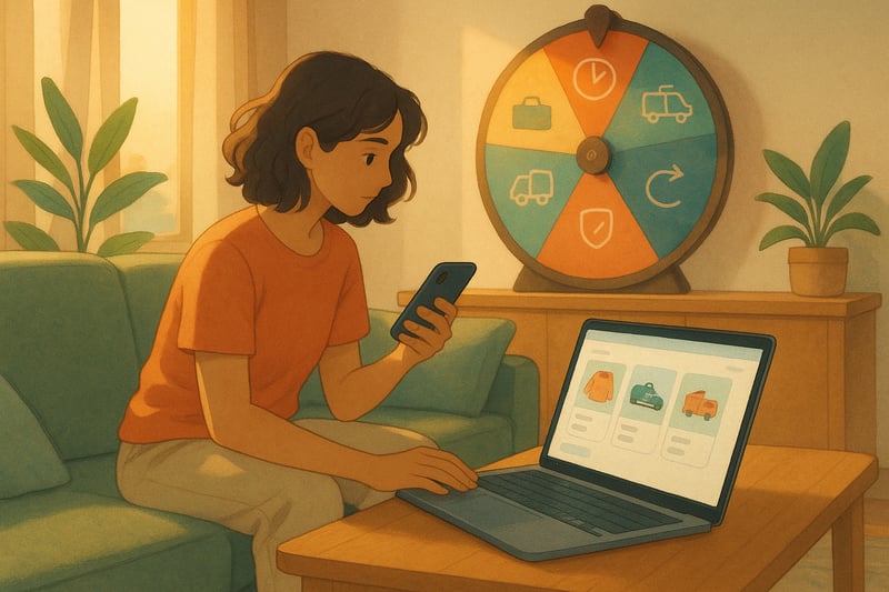 A young Australian shopper on a sofa considers an online cart while a colourful spinner wheel in the background suggests quick decision cues.