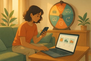 A young Australian shopper on a sofa considers an online cart while a colourful spinner wheel in the background suggests quick decision cues.