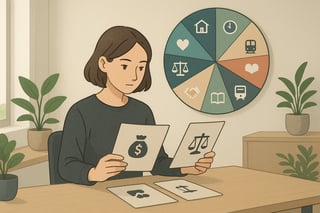 Person vergleicht Joboptionen in einem modernen Schweizer Buero; ein farbiges Entscheid-Rad im Hintergrund unterstuetzt die fokussierte Auswahl.