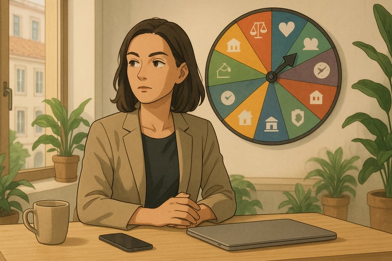 Profissional em Portugal reflete sobre escolhas de carreira com uma roda de decisão colorida ao fundo, equilibrando critérios com confiança.