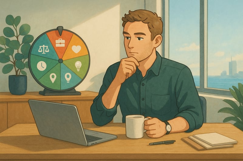 Australian professional evaluates job options with a colourful spinner wheel in a modern office, balancing work–life, pay, and culture factors.
