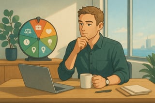 Australian professional evaluates job options with a colourful spinner wheel in a modern office, balancing work–life, pay, and culture factors.